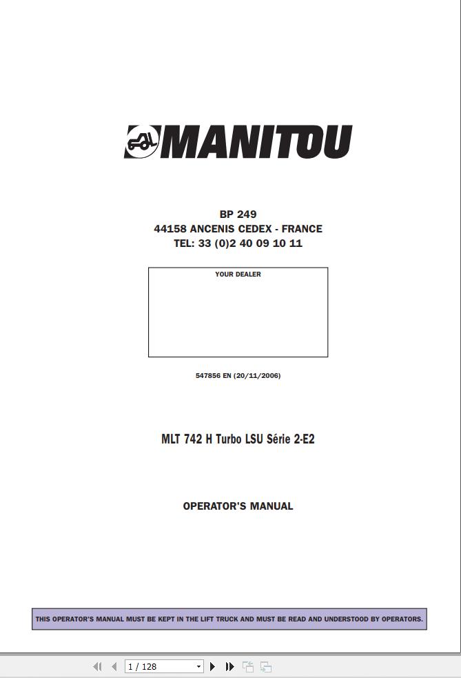 Manitou Telescopic Handlers MLT742H Turbo LSU Series 2 E2 Operator Manual 547856