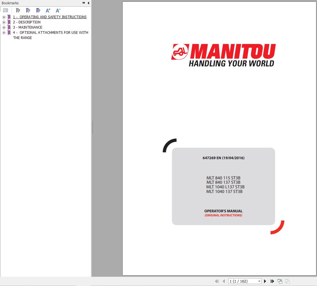 Manitou Telescopic Handlers MLT840115ST3B to MLT1040137ST3B Operator Manual 647269