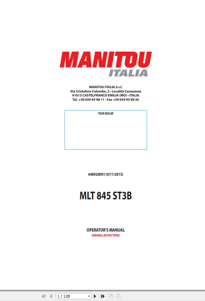 Manitou Telescopic Handlers MLT845ST3B Operators Manual 648920