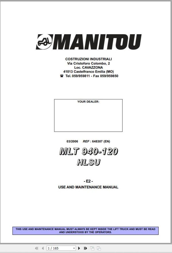 Manitou Telescopic Handlers MLT940 120 HLSU E2 User Maintenance Manual 648307