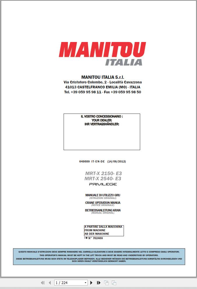 Manitou Telescopic Handlers MRT X2150 E3 MRT X2540 E3 Operator Manual 648644