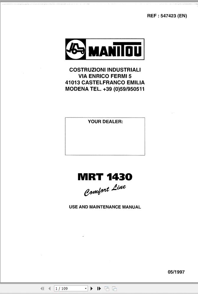 Manitou Telescopic Handlers MRT1430 User Maintenance Manual 547423