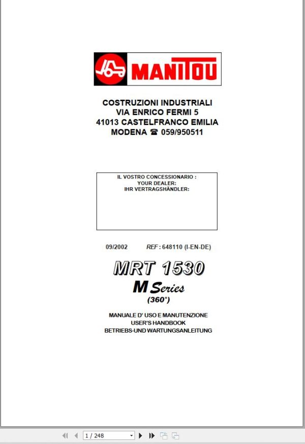 Manitou Telescopic Handlers MRT1530 M Series Operator Manual 648110
