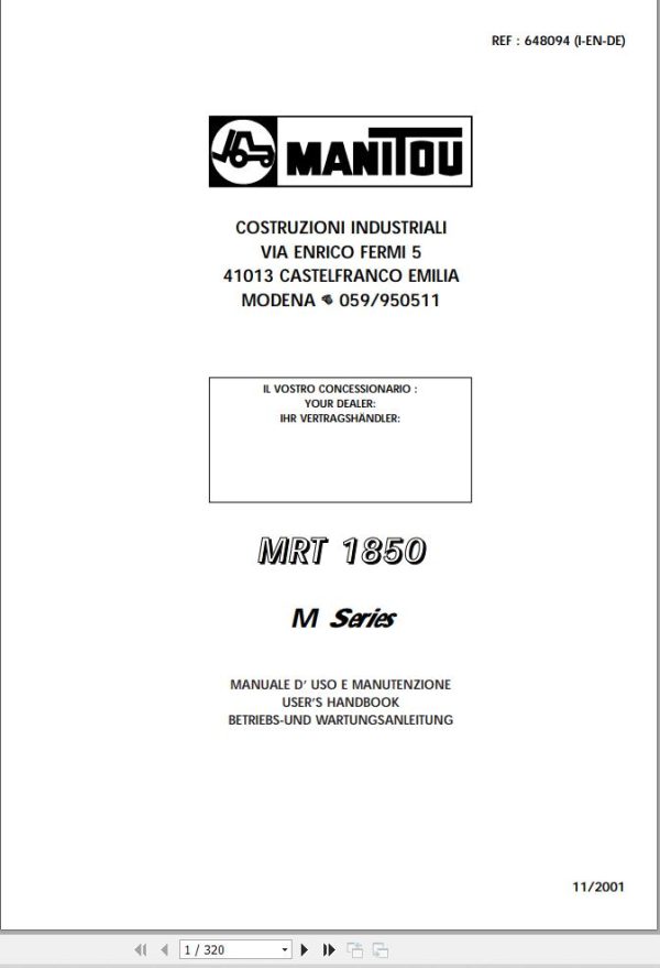 Manitou Telescopic Handlers MRT1850 M Series Operator Manual 648094