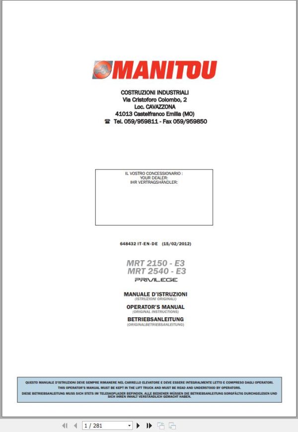 Manitou Telescopic Handlers MRT2150E3 MRT2540E3 Operators Manual 648432