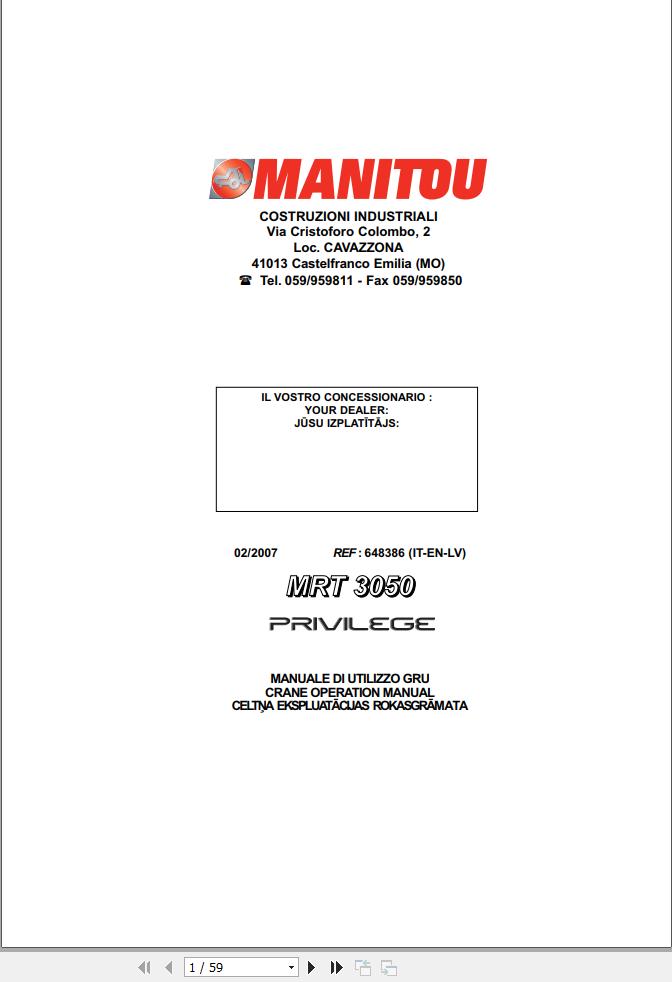 Manitou Telescopic Handlers MRT3050 Privilege Operator Manual 648386