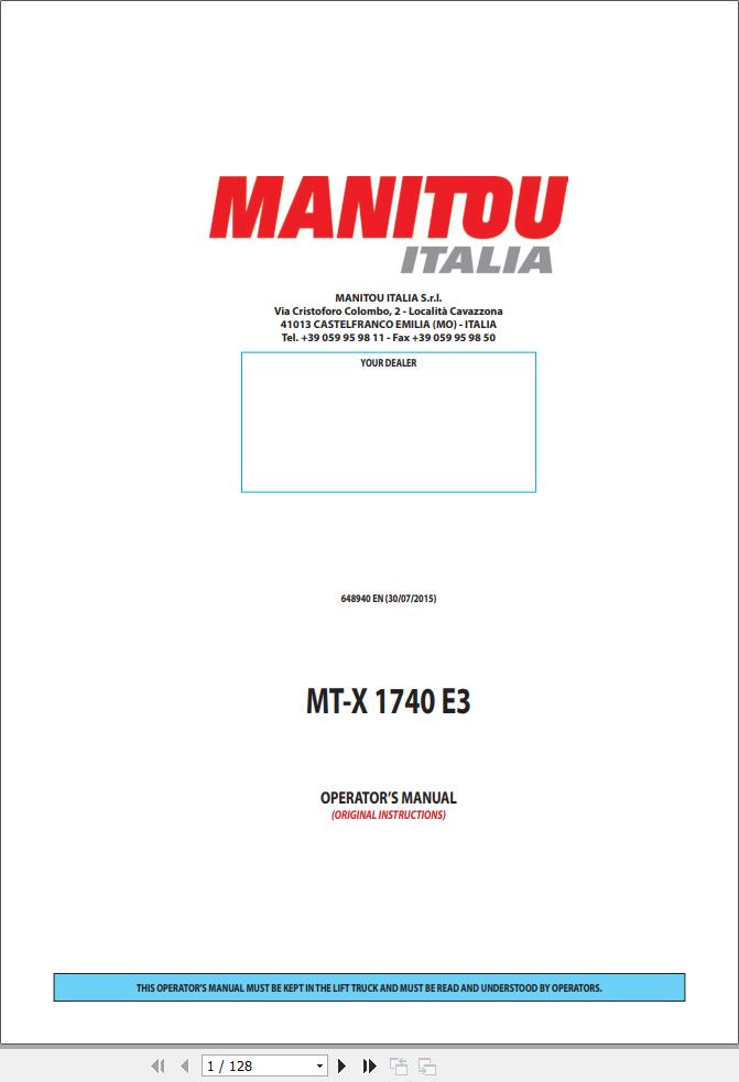 Manitou Telescopic Handlers MT X 1740 E3 Operators Manual 648940