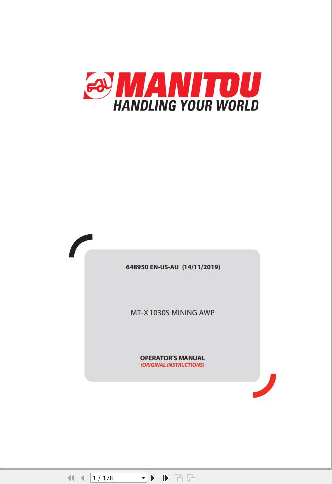 Manitou Telescopic Handlers MT X1030S Mining AWP Operators Manual 648950
