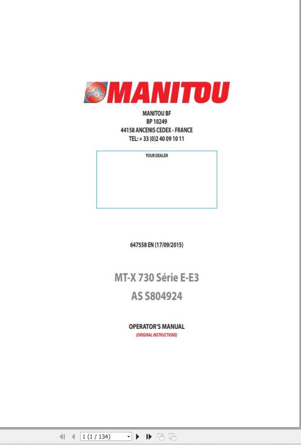 Manitou Telescopic Handlers MT X730 Series E E3 ASS804924 Operator Manual 647558