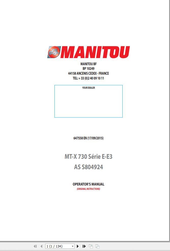 Manitou Telescopic Handlers MT X730 Series E E3 ASS804924 Operator Manual 647558
