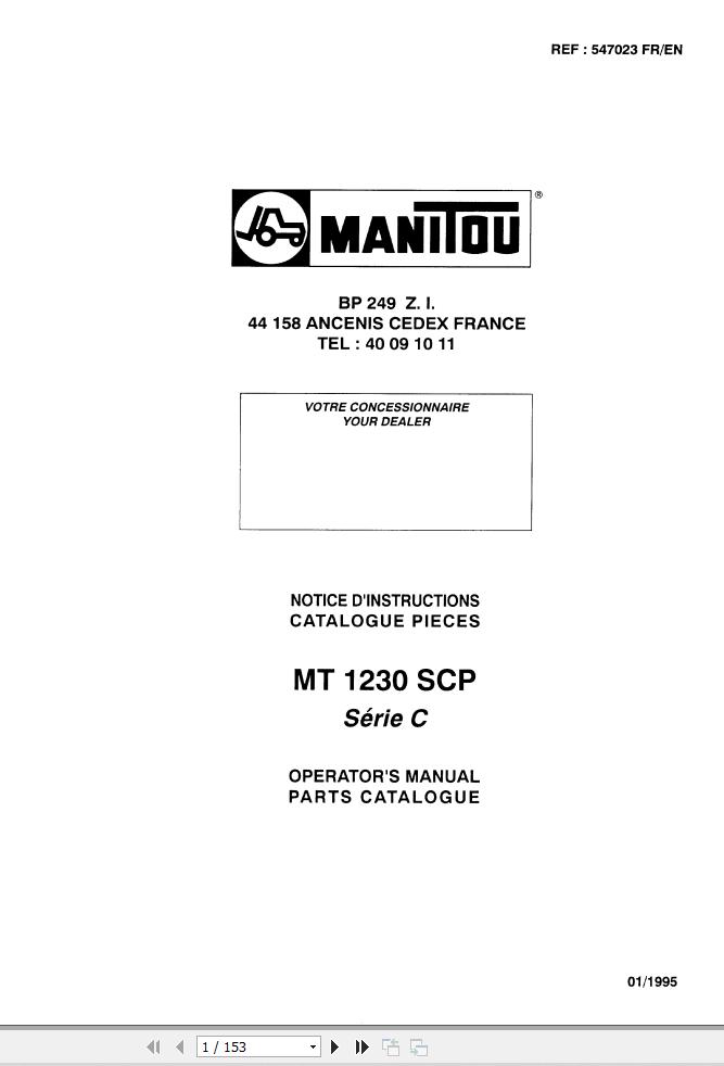 Manitou Telescopic Handlers MT1230SCP Series C Operator Manual 547023 FR EN