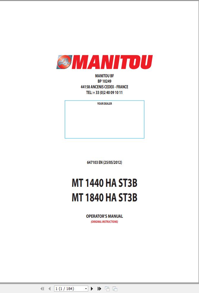 Manitou Telescopic Handlers MT1440HAST3B MT1840HAST3B Operator Manual 647103
