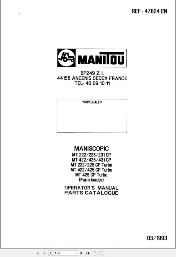 Manitou Telescopic Handlers MT222CP To MT425CP Turbo Operator Parts Manual 47824
