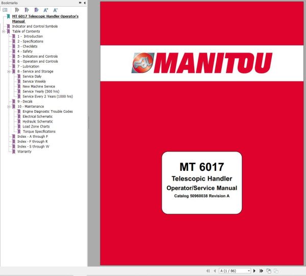 Manitou Telescopic Handlers MT6017 Operator Service Manual 50960038A