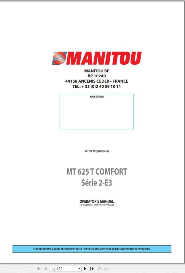 Manitou Telescopic Handlers MT625T Comfor Series 2 E3 Operator Manual 647208