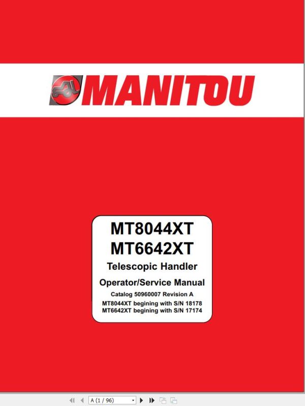 Manitou Telescopic Handlers MT6642XT MT8044XT Operator Service Manual 50960007A