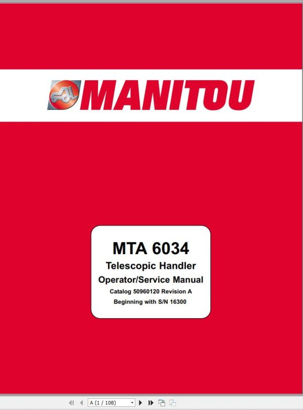 Manitou Telescopic Handlers MTA6034 Operators Service Manual 50960120A