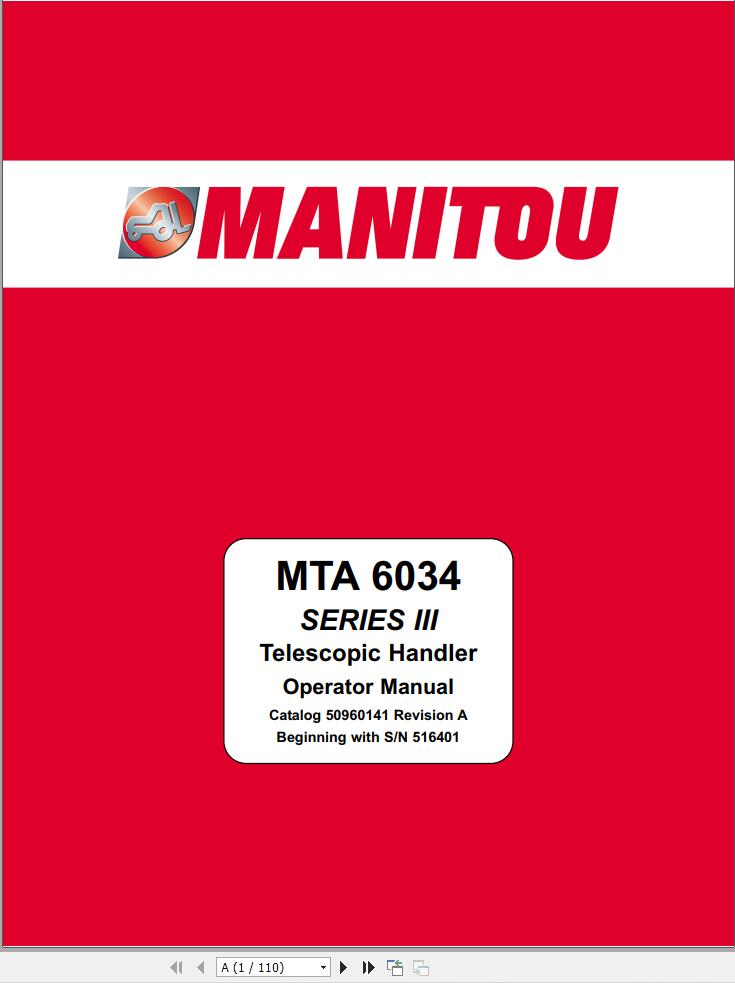 Manitou Telescopic Handlers MTA6034 Series III Operators Manual 50960141A