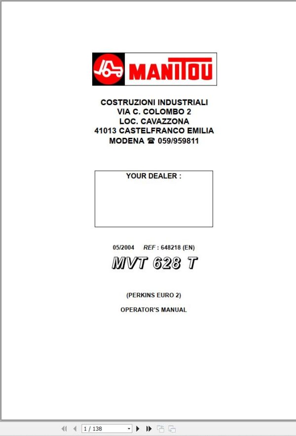 Manitou Telescopic Handlers MVT628T Perkins Euro 2 Operator Manual 648218
