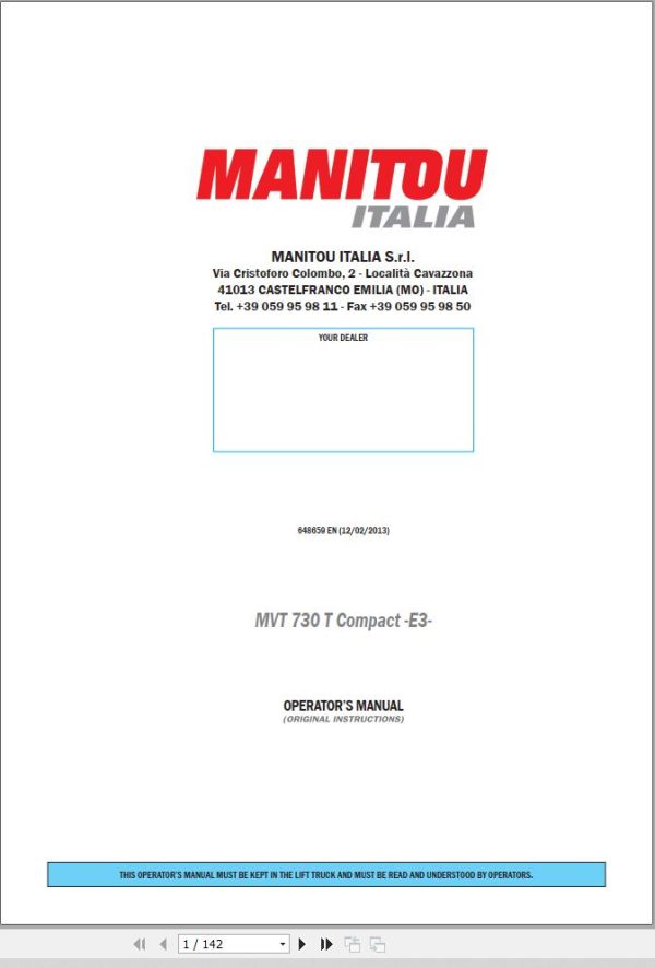 Manitou Telescopic Handlers MVT730T Compact E3 Operators Manual 648659 EN