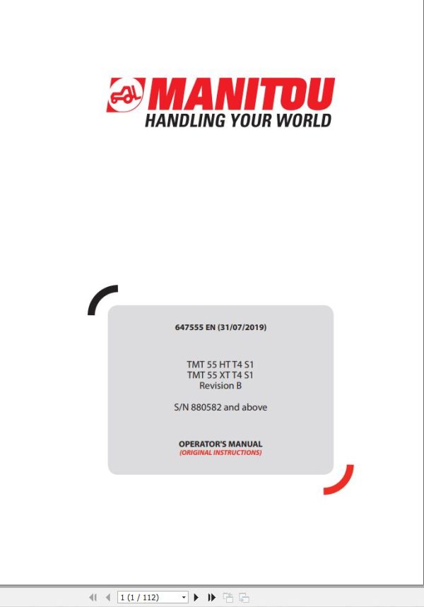 Manitou Telescopic Handlers TMT55HTT4S1 TMT55XTT4S1 Operator Manual 647555 EN