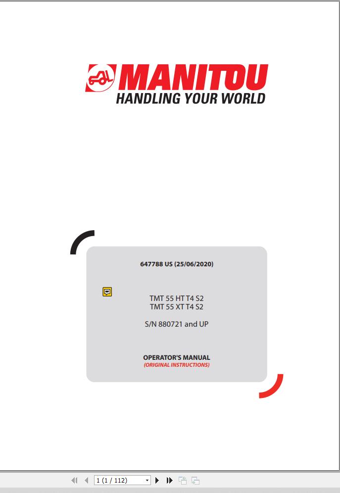 Manitou Telescopic Handlers TMT55HTT4S2 TMT55XTT4S2 Operator Manual 647788 US