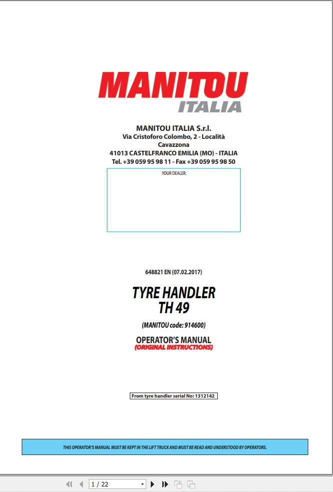 Manitou Type Handler TH49 Operators Manual 648821 EN