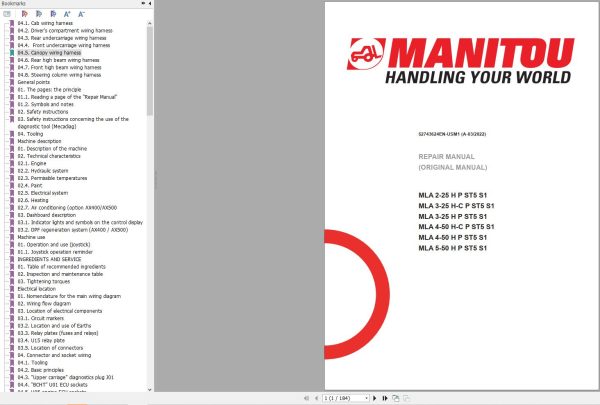 Manitou Wheeled Loader MLA 2 25 H to MLA 5 50 H Repair Manual 52743624EN USM1