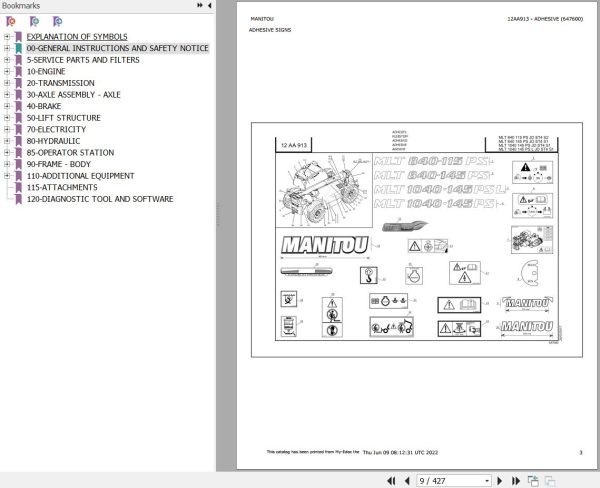 Manitou Telehandler MLT 1040 145 PS L JD ST4 S1 Parts Catalog 647600