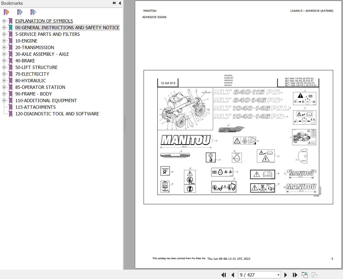 Manitou Telehandler MLT 1040 145 PS L JD ST4 S1 Parts Catalog 647600