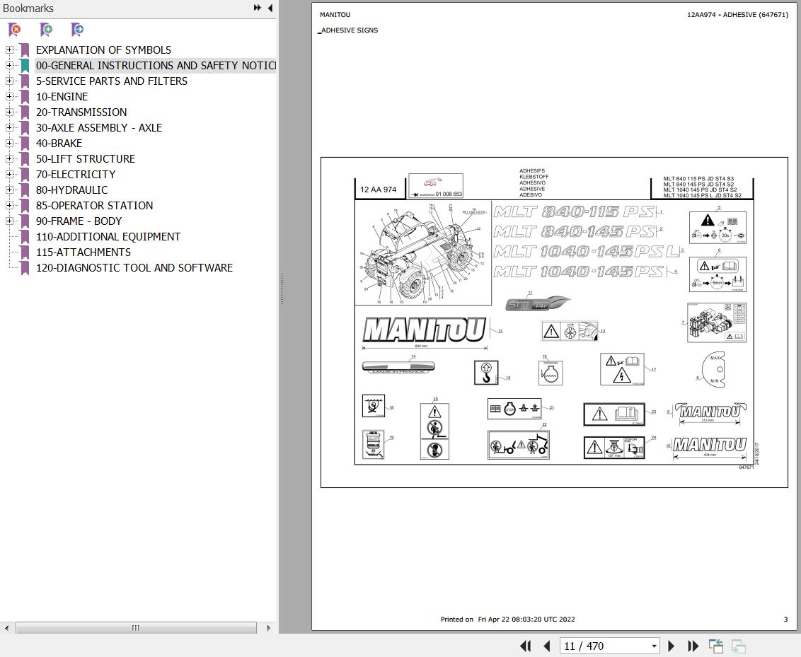 Manitou Telehandler MLT 1040 145 PS L JD ST4 S2 Parts Catalog 647671