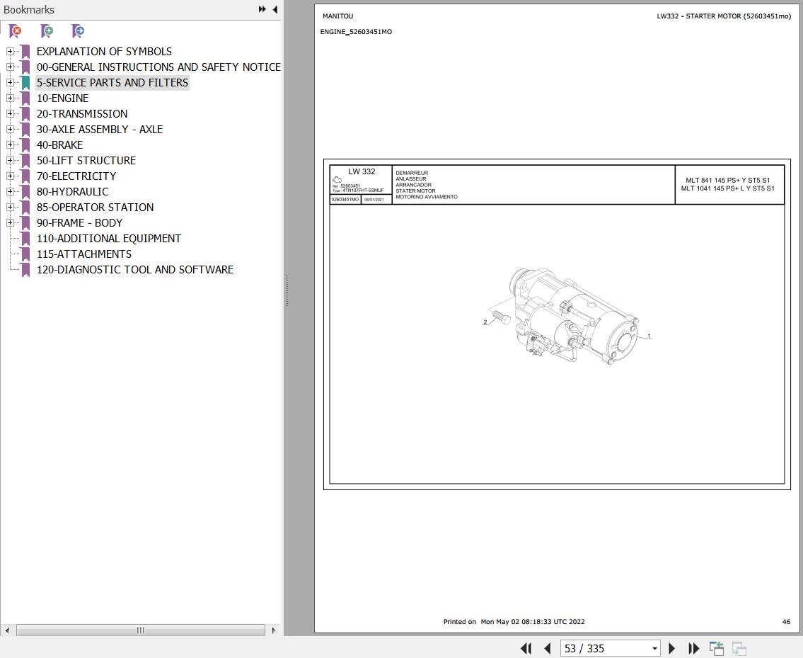 Manitou Telehandler MLT 1041 145 PS L Y ST5 S1 Parts Catalog 647796