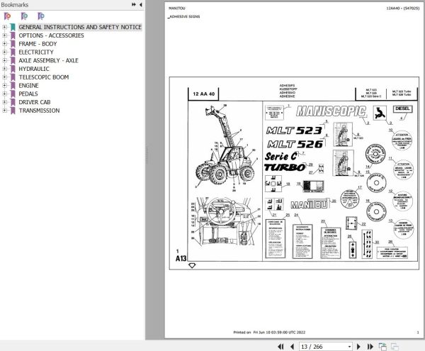 Manitou Telehandler MLT 523 S2 Parts Catalog 547025