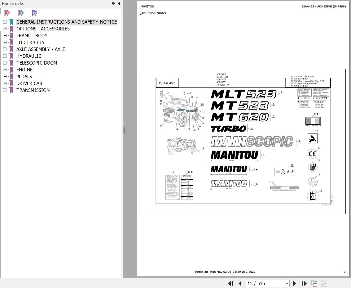 Manitou Telehandler MLT 523 TURBO MONO ULTRA SB E2 Parts Catalog 547896