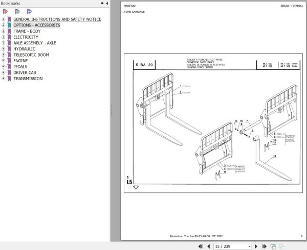 Manitou Telehandler MLT 523 TURBO Parts Catalog 547006