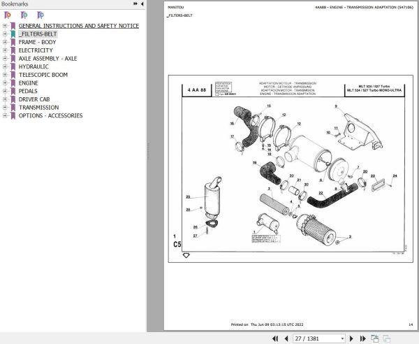 Manitou Telehandler MLT 524 TURBO MONO ULTRA Parts Catalog 547106