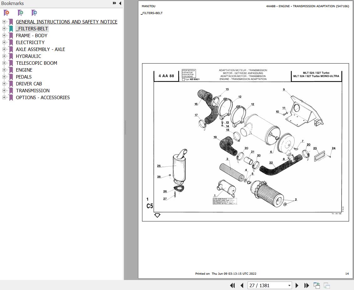 Manitou Telehandler MLT 524 TURBO MONO ULTRA Parts Catalog 547106