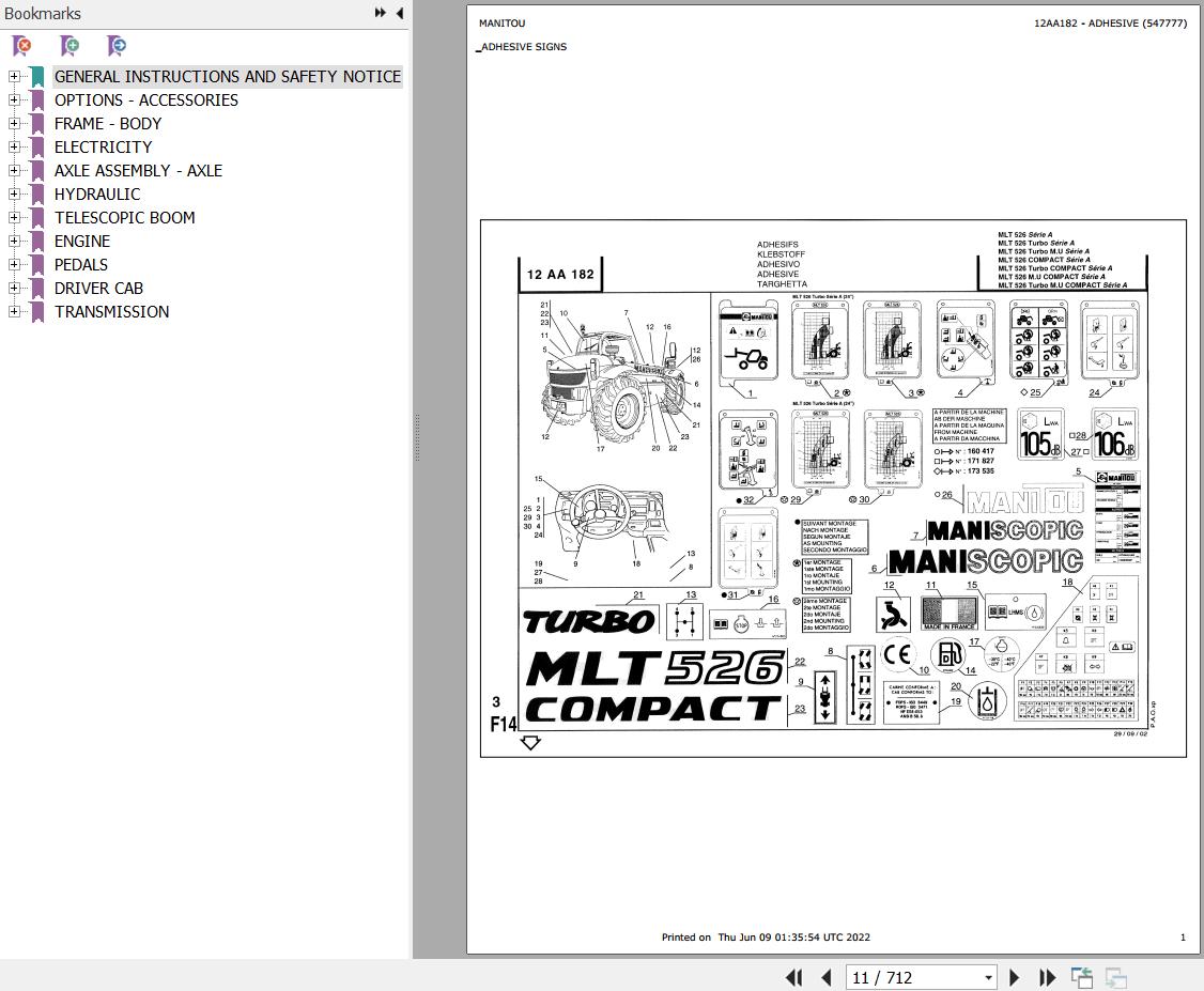 Manitou Telehandler MLT 526 MONO ULTRA COMPACT SA Parts Catalog 547777