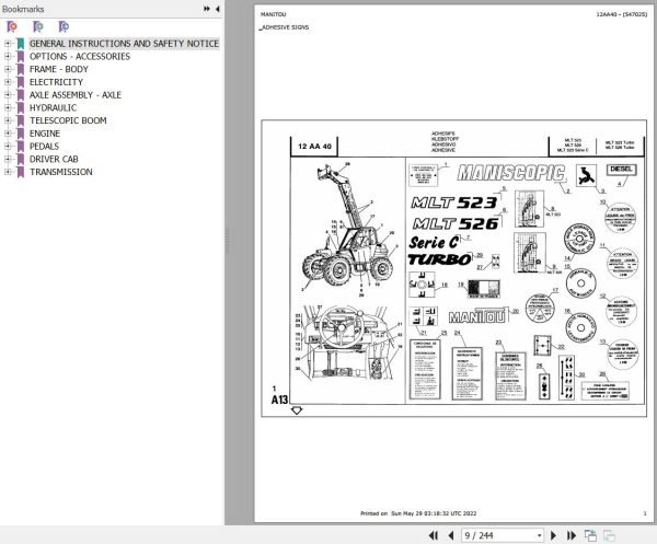 Manitou Telehandler MLT 526 S2 Parts Catalog 547025