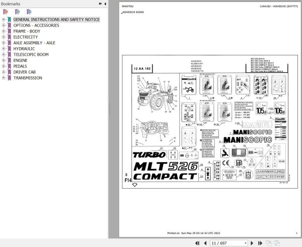 Manitou Telehandler MLT 526 SA Parts Catalog 547777