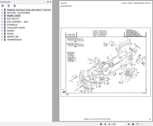 Manitou Telehandler MLT 526 TURBO 20 SA Parts Catalog 547777