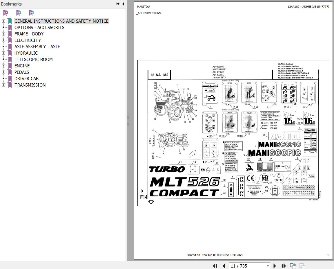 Manitou Telehandler MLT 526 TURBO COMPACT SA Parts Catalog 547777