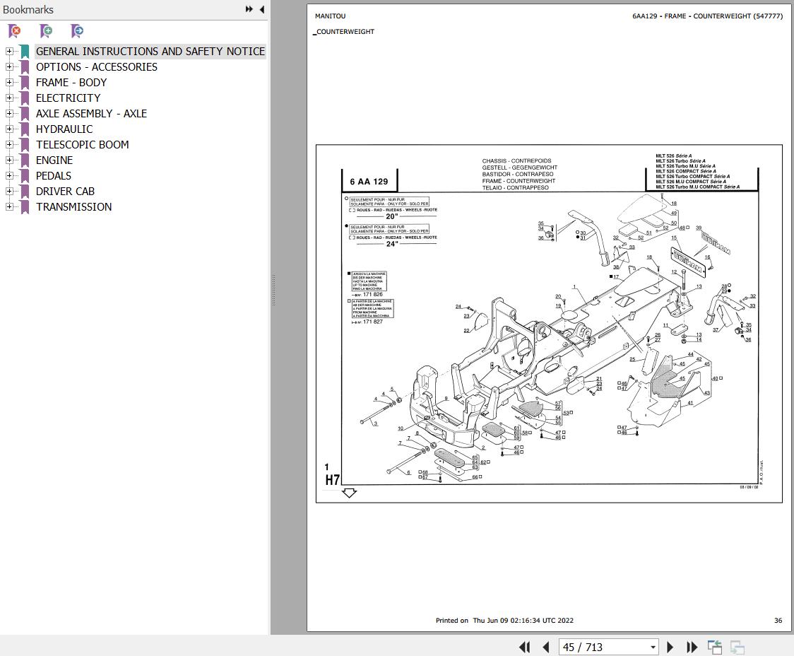 Manitou Telehandler MLT 526 TURBO MONO ULTRA 20 SA Parts Catalog 547777