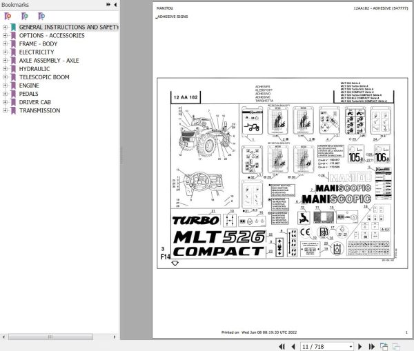 Manitou Telehandler MLT 526 TURBO MONO ULTRA 24 SA Parts Catalog 547777
