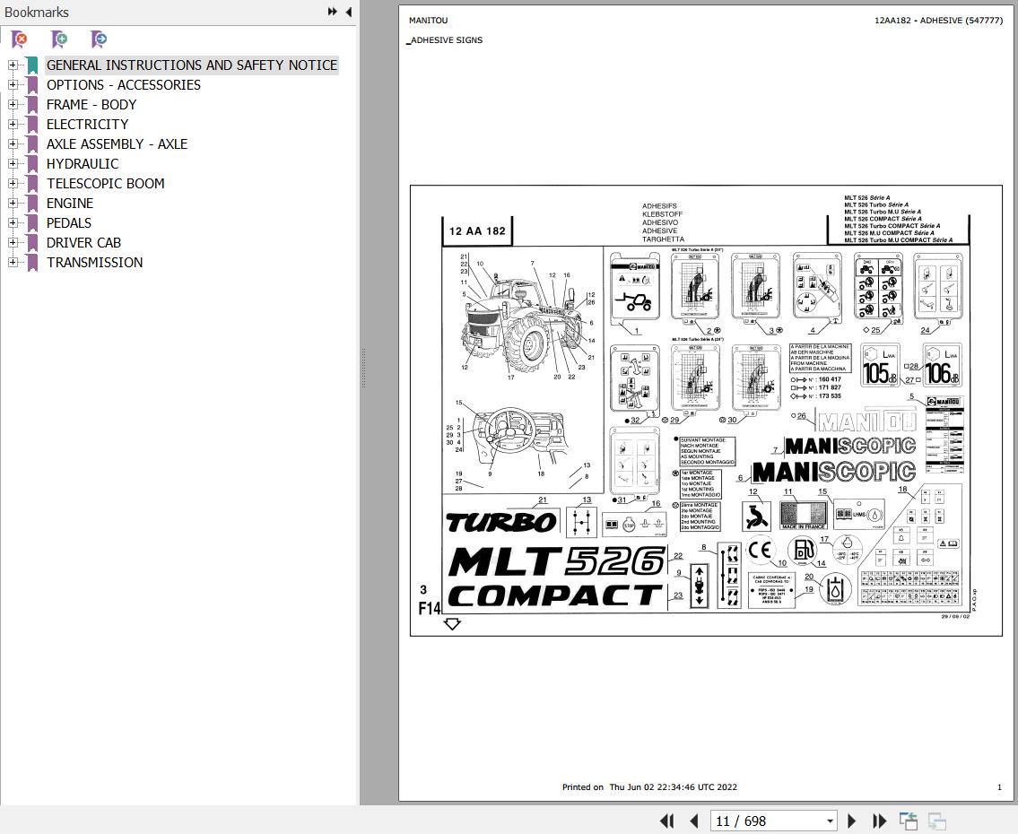 Manitou Telehandler MLT 526 TURBO MONO ULTRA COMPACT SA Parts Catalog 547777