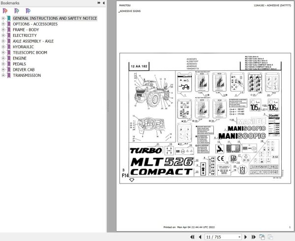 Manitou Telehandler MLT 526 TURBO MONO ULTRA SA Parts Catalog 547777