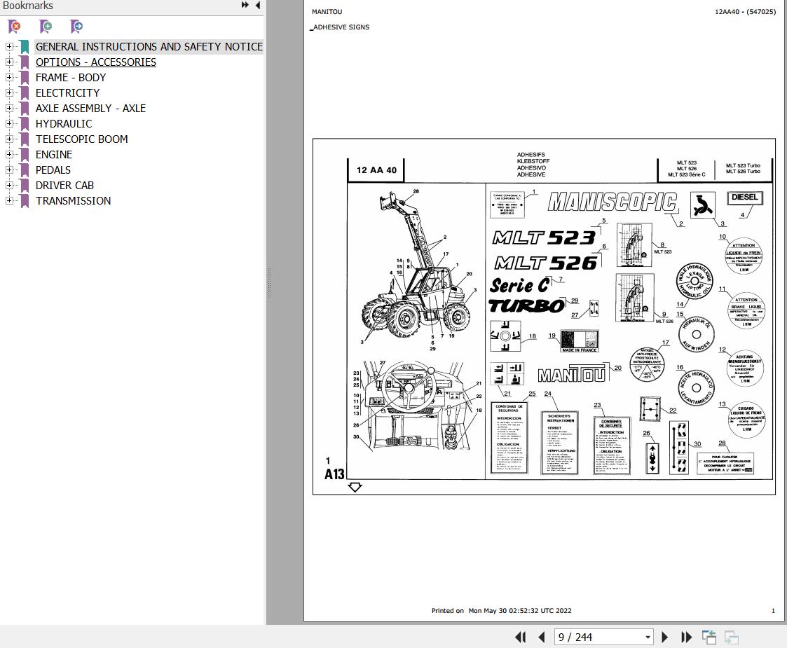 Manitou Telehandler MLT 526 TURBO S2 Parts Catalog 547025