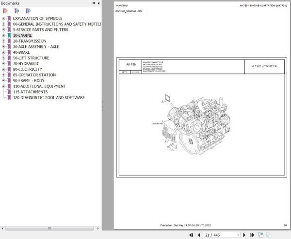Manitou Telehandler MLT 625 H 75K ST5 S1 Parts Catalog 647731