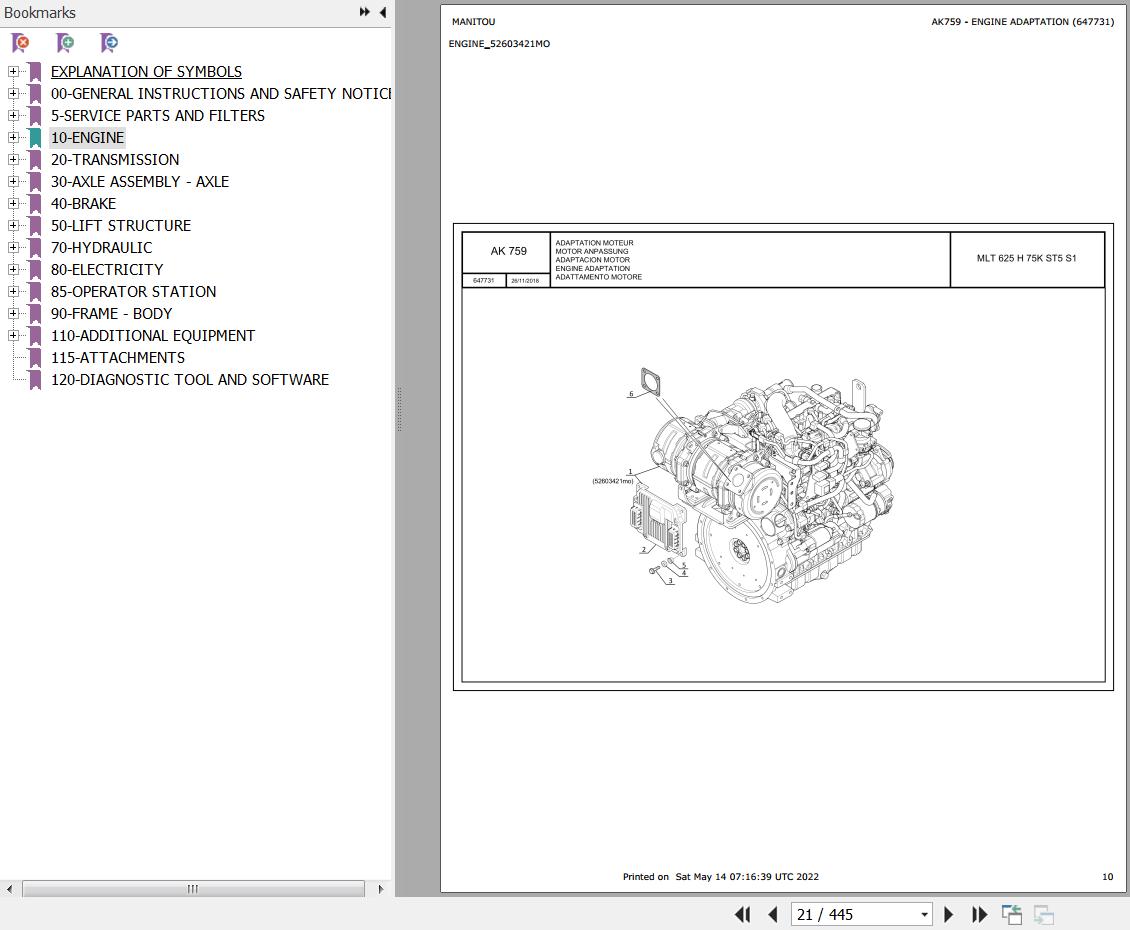 Manitou Telehandler MLT 625 H 75K ST5 S1 Parts Catalog 647731