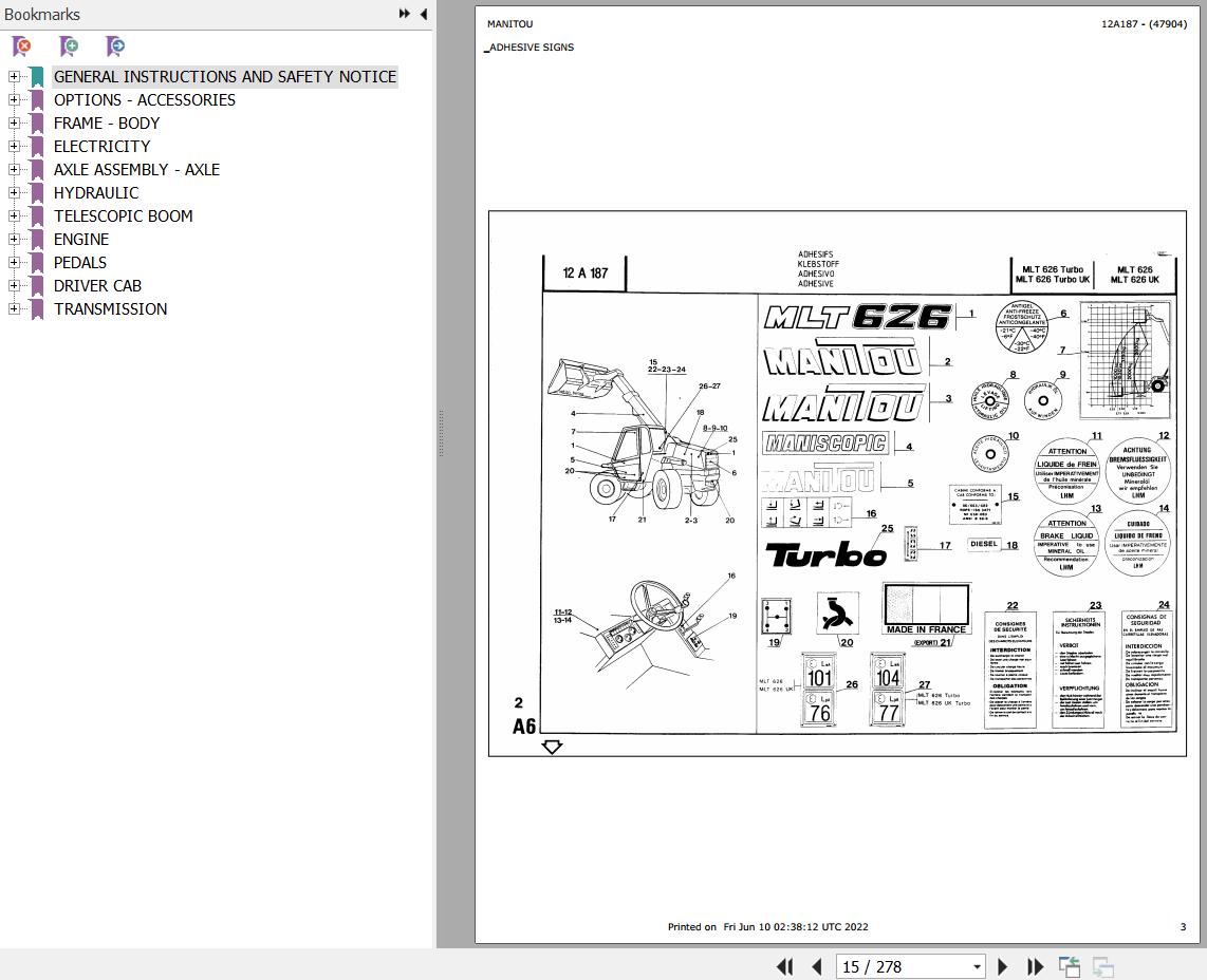 Manitou Telehandler MLT 626 Parts Catalog 47904